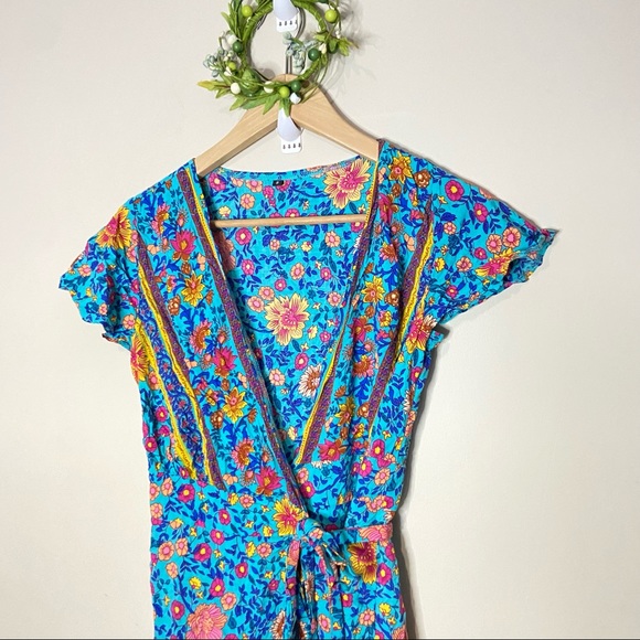 BOHO BEACH HUT GREEN BOHO FLORAL PRINT MINI DRESS SIZE SMALL - Picture 3 of 9